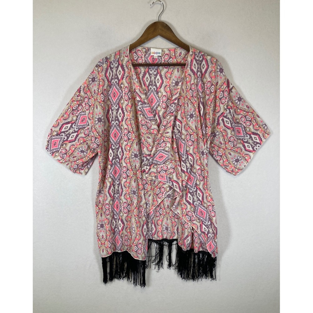 Boho Festival LuLaRoe Womens Large Pink Purple Geometric Fringe Lindsay Kimono